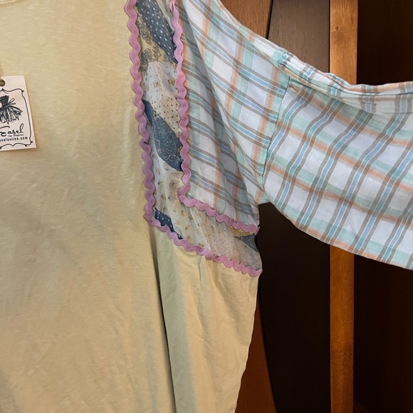 NWTEasel Yellow Panel Top w/Pieced Plaid & Floral Fabric Sleeves w/Pink Rickrack - Picture 9 of 16